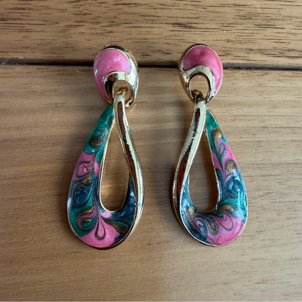 Vintage 1980s Enamel Swirl Drop Earrings Pink Green Blue Gold Retro Art Deco